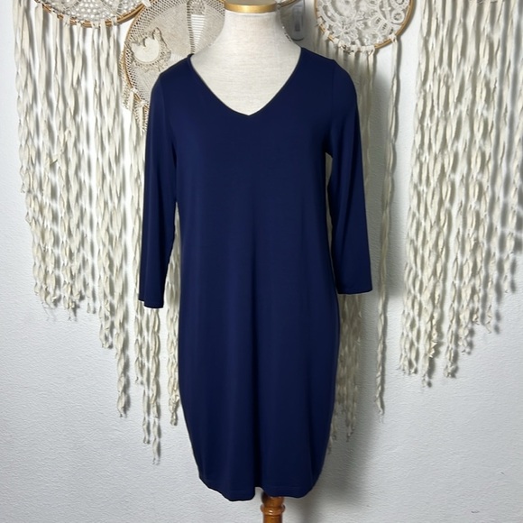Eileen Fisher Navy Viscose Spandex Blend Jersey Knit Dress Quarter Sleeve L/P - Picture 1 of 7